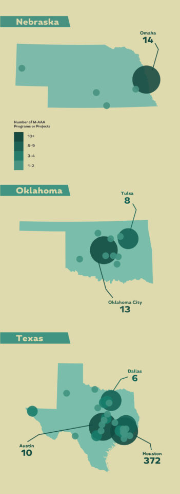 Infographic map of Nebraska, Oklahoma, and Texas