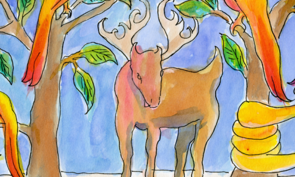 A deer buck with large antlers stands in between two trees. A snake, three birds and a butterfly rest in the tree branches. The artwork has vibrant blues, oranges, and greens.