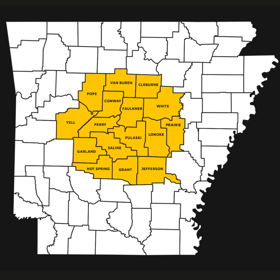 Map of Arkansas with sixteen central Arkansas counties highlighted in yellow