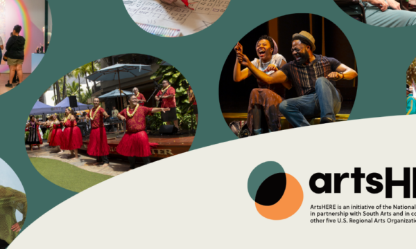 ArtsHERE grantee collage with photos of people of all ages, ethnicities, and artistic genres