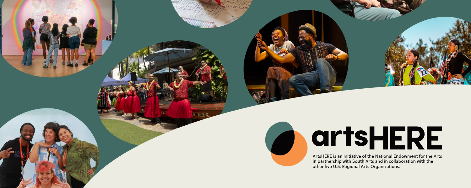 ArtsHERE grantee collage with photos of people of all ages, ethnicities, and artistic genres