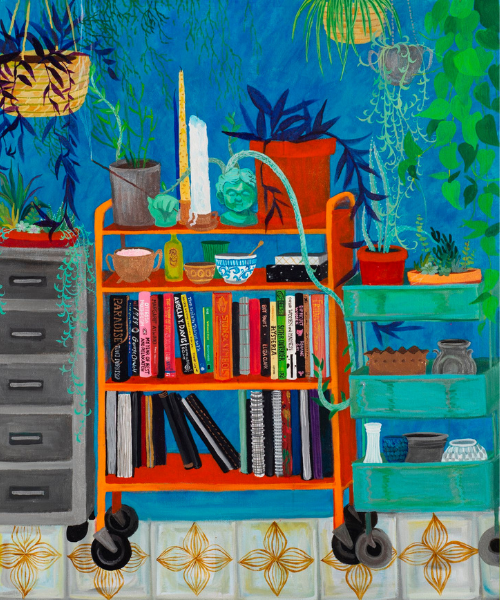 Image of a painting featuring an orange book cart on rollers full of books, trinkets, patterned bowls, and plants. Hanging plants drape down into the books and mimic patterns on the bowls and tile floor.