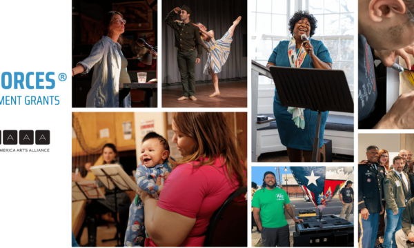 A photo collage of individuals, groups, and families of all ages, from children to older adults, participating in arts activities.