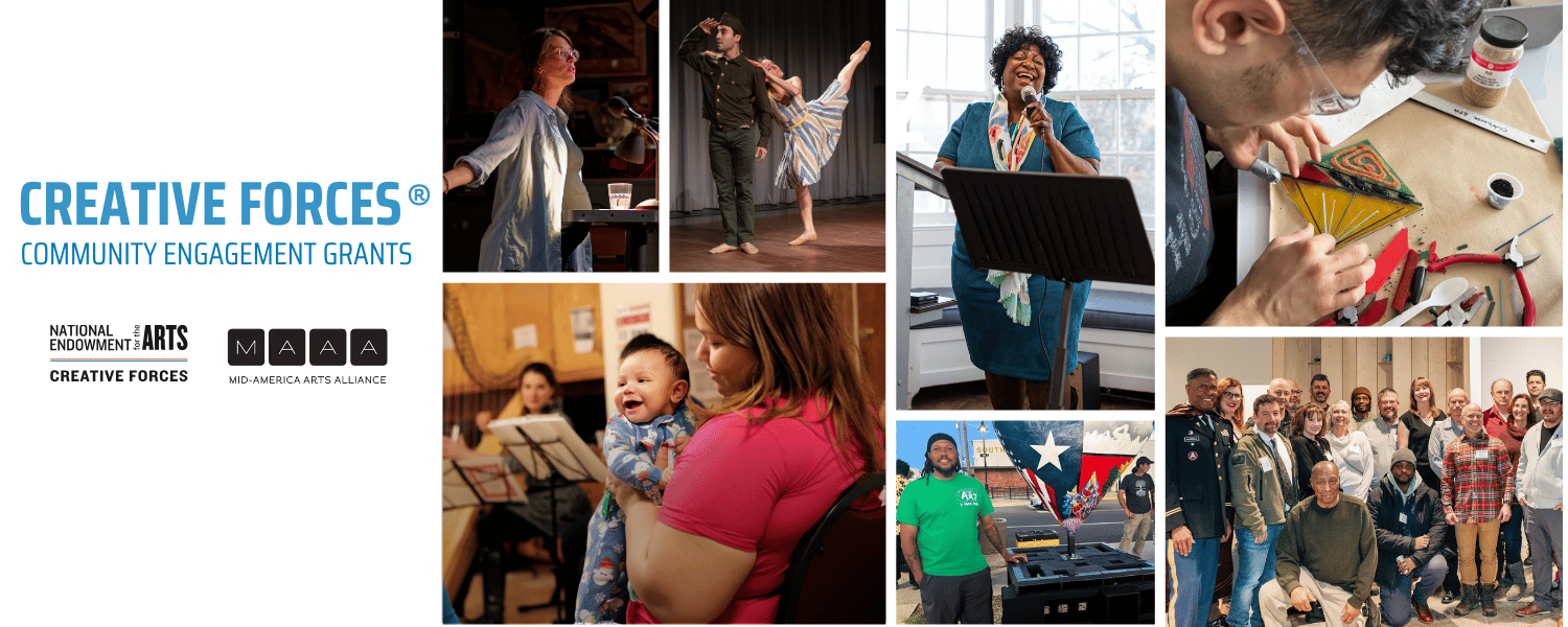 A photo collage of individuals, groups, and families of all ages, from children to older adults, participating in arts activities.