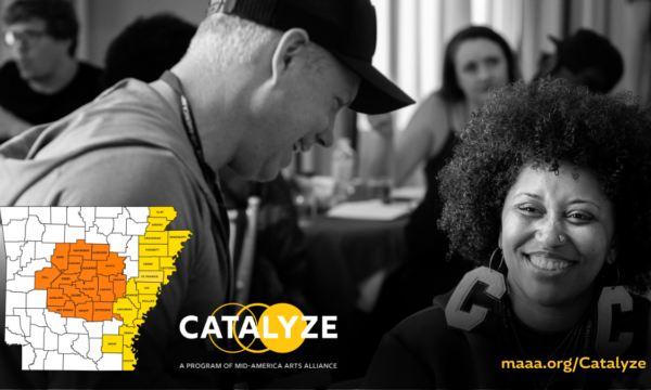 Catalyze logo and image with eligible counties highlighted with photos of artists in the background