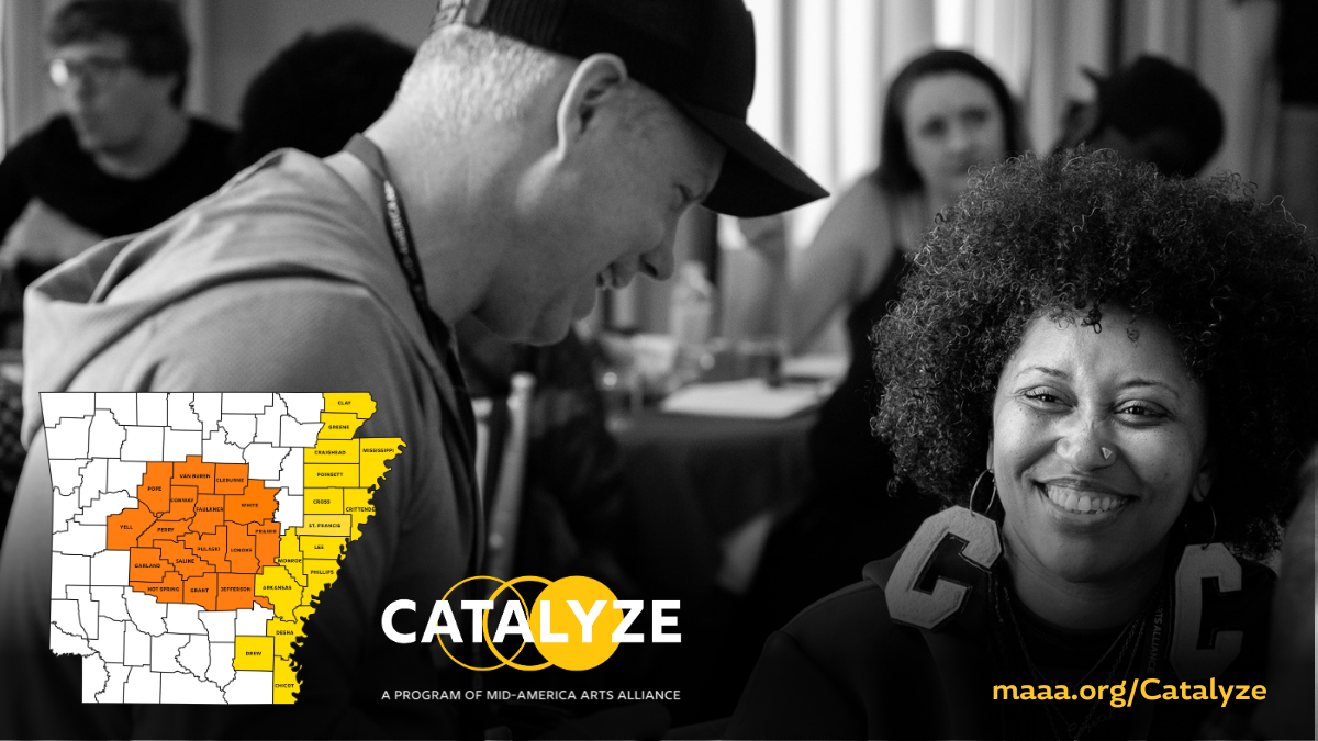 Catalyze logo and image with eligible counties highlighted with photos of artists in the background