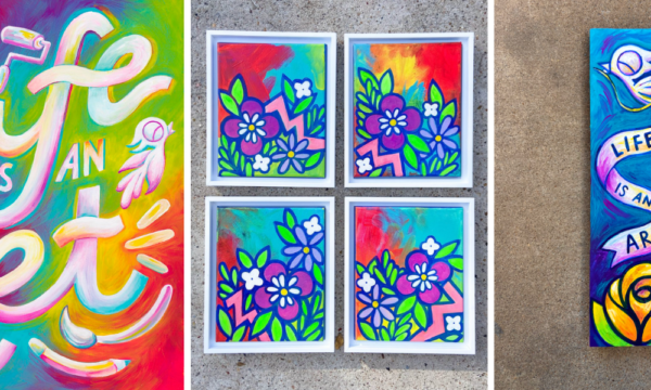 Three cheerful vibrantly colorful paintings.