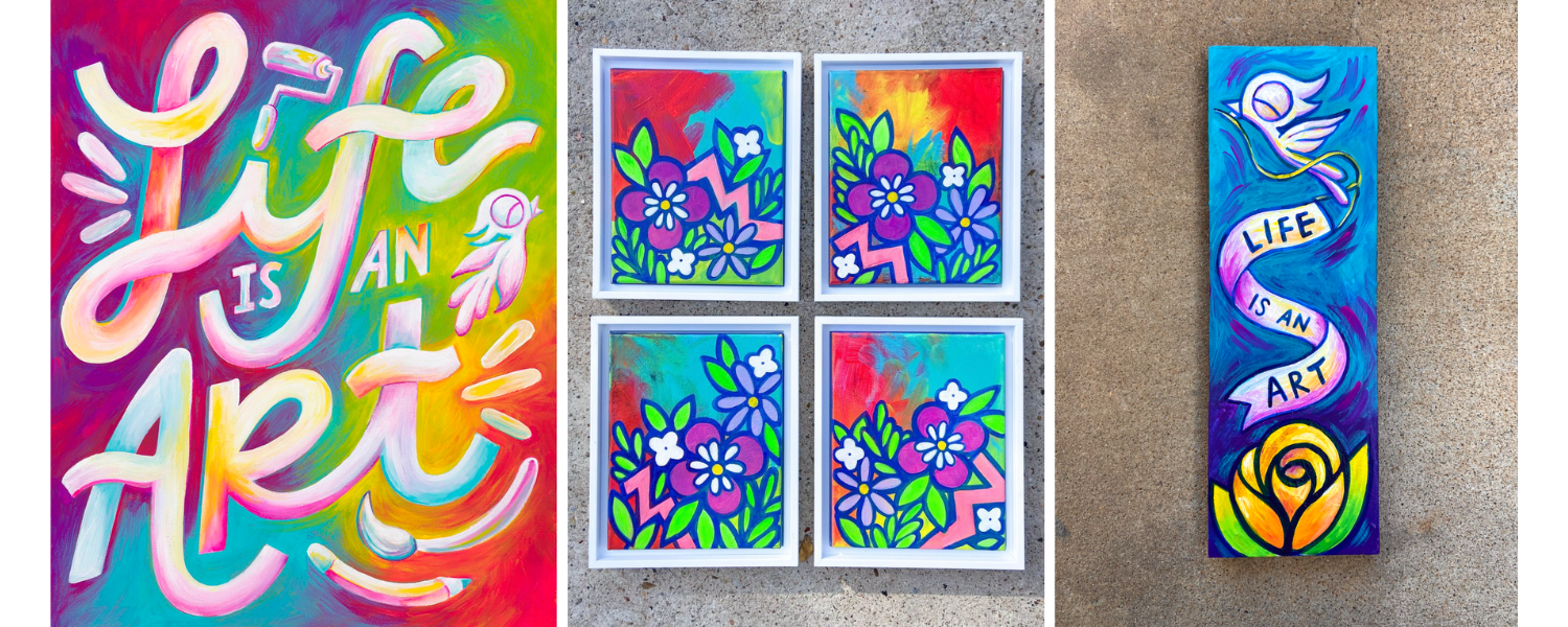 Three cheerful vibrantly colorful paintings.